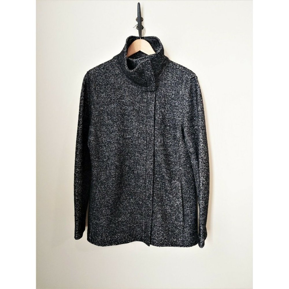 Ann Taylor Wool Blend Coat- Black Gray Funnel Neck Zip Up Mid Length